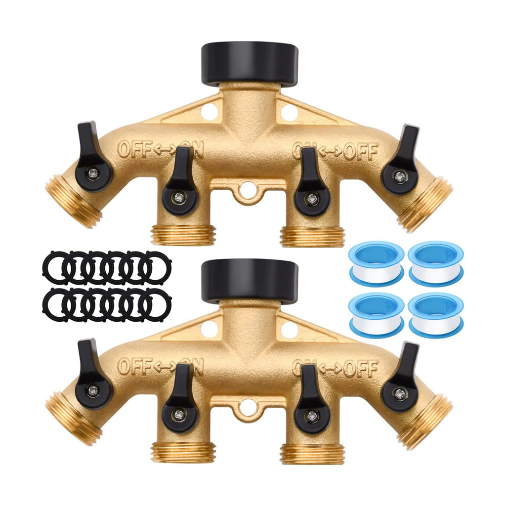 2 Pack 4 Way Hose Splitter, with Rubber Washers & Tapes | for 3/4" Hose Connector, Brass Garden Hose Manifold