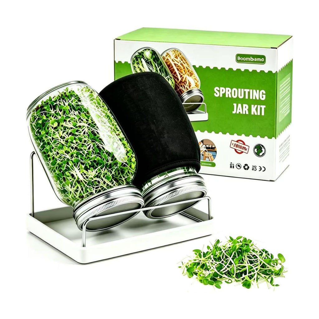 Premium Sprouting Jar Kit, 2Pack Wide Mouth Mason Jars with Mesh Sprouting Lids, Blackout Sleeves, Stand and Drip Tray