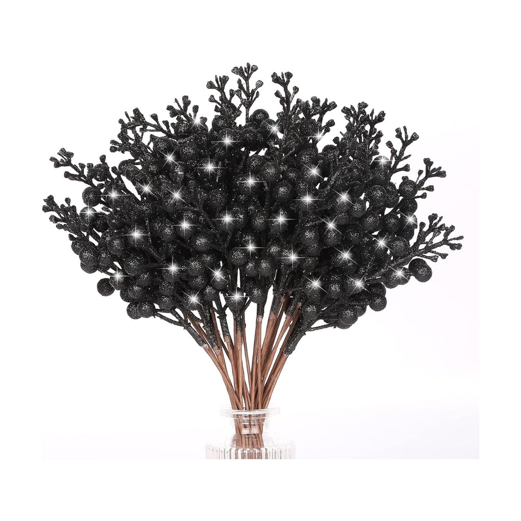 36Pcs Christmas Glitter Berry Stems, Black Artificial Christmas Tree Picks