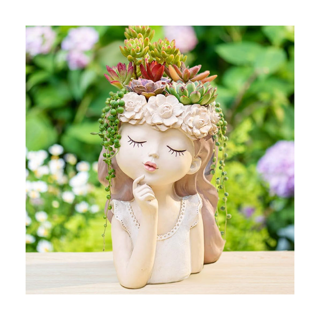 Succulent Plant Pot Drainage Hole large girl face planter pot big Resin lady head planter 11 inch tall flower vases