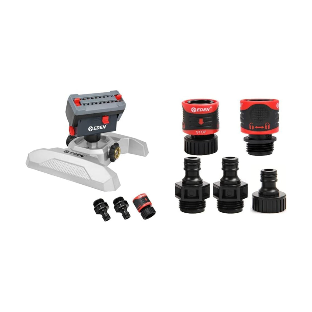 Eden 94127 Metal Adjustable 4-Way Mini Turbo Oscillating Sprinkler W/Quick Connect Starter Set & 95210 Premium Garden