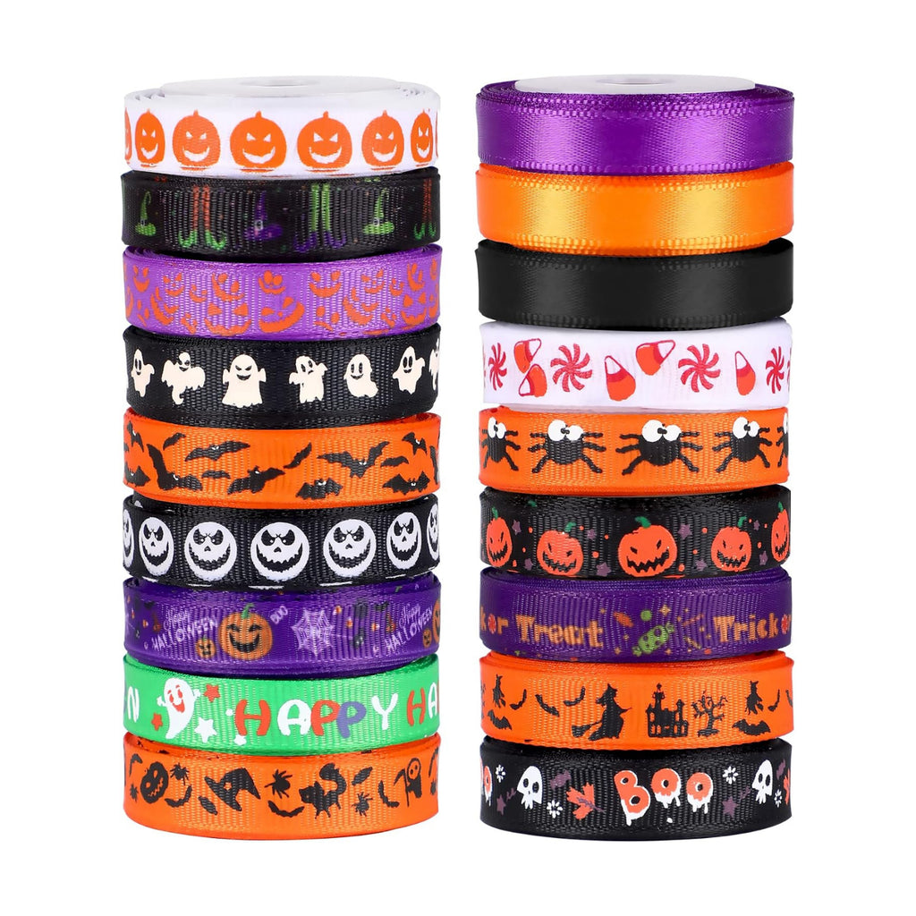 SANNIX 18 Rolls 90 Yards Halloween Ribbon Printed Grosgrain Ribbons 3/8″