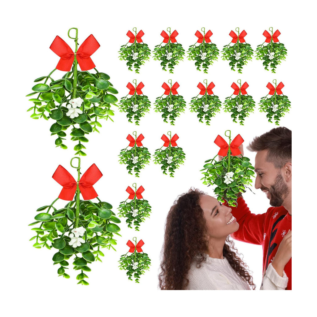 Dingion 18 Pcs Christmas Hanging Mistletoe Decor Ornament with Red Bow