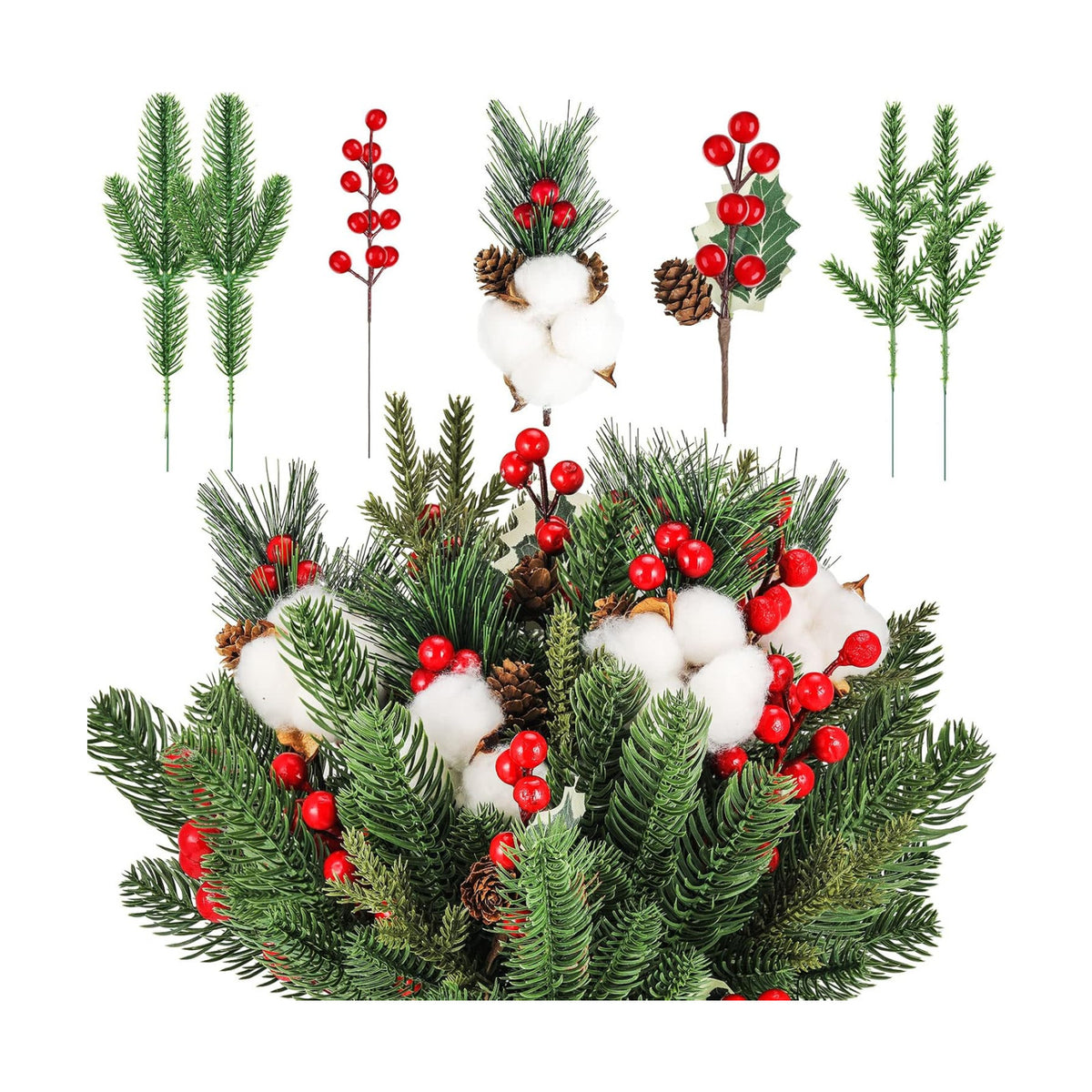 Yunlly 60 Pcs Christmas Pine Picks Holly Berry Pinecones, Stylish Style