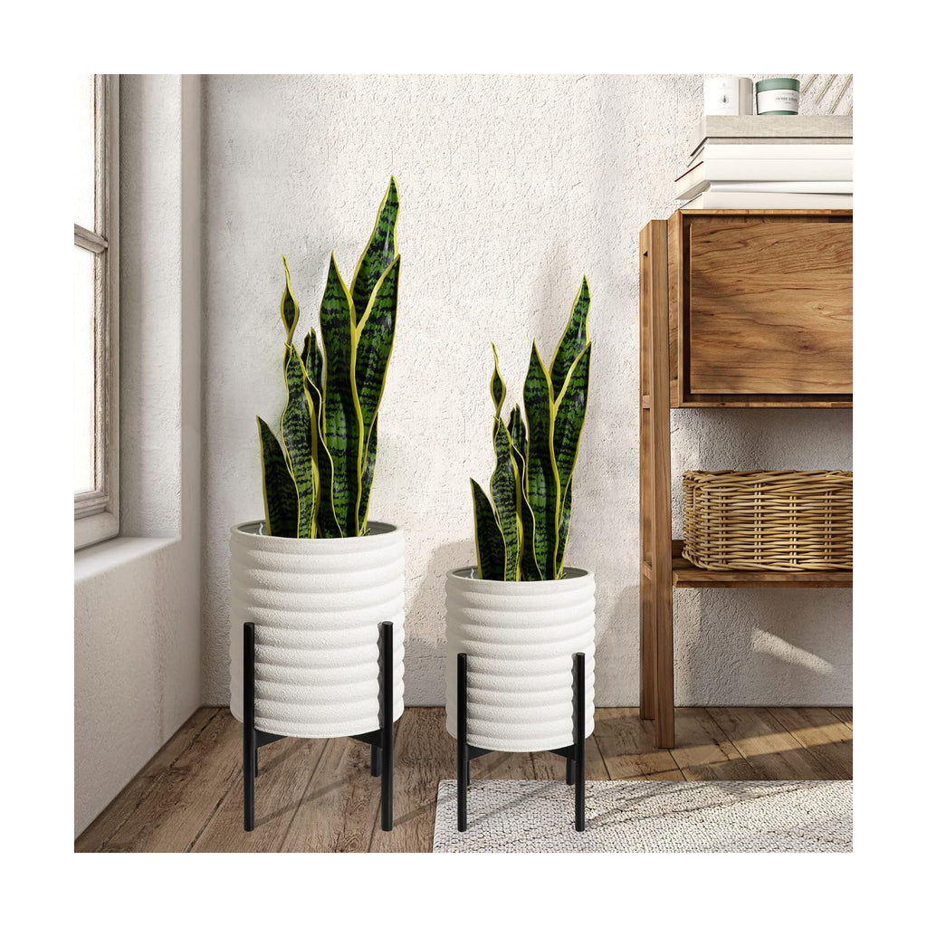 Oakrain Planters with Stand Set of 2 Decorative Indoor Outdoor Plants Pots | Mid-Century Modern Metal Flower Planer