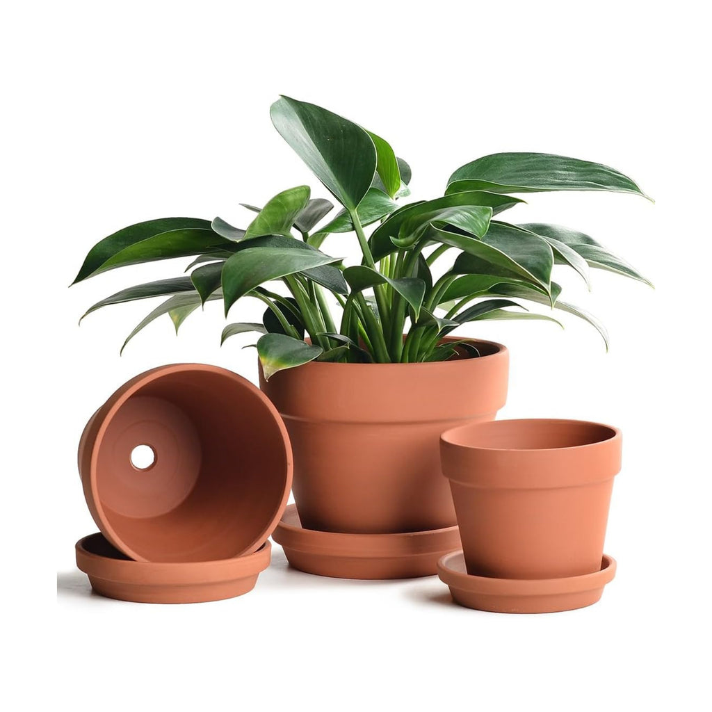 INGOFIN Terracotta Pots Set with Saucer - 5/6/7 inch Ceramic Clay Planters with Drainage Hole, Garden Flower Succulent