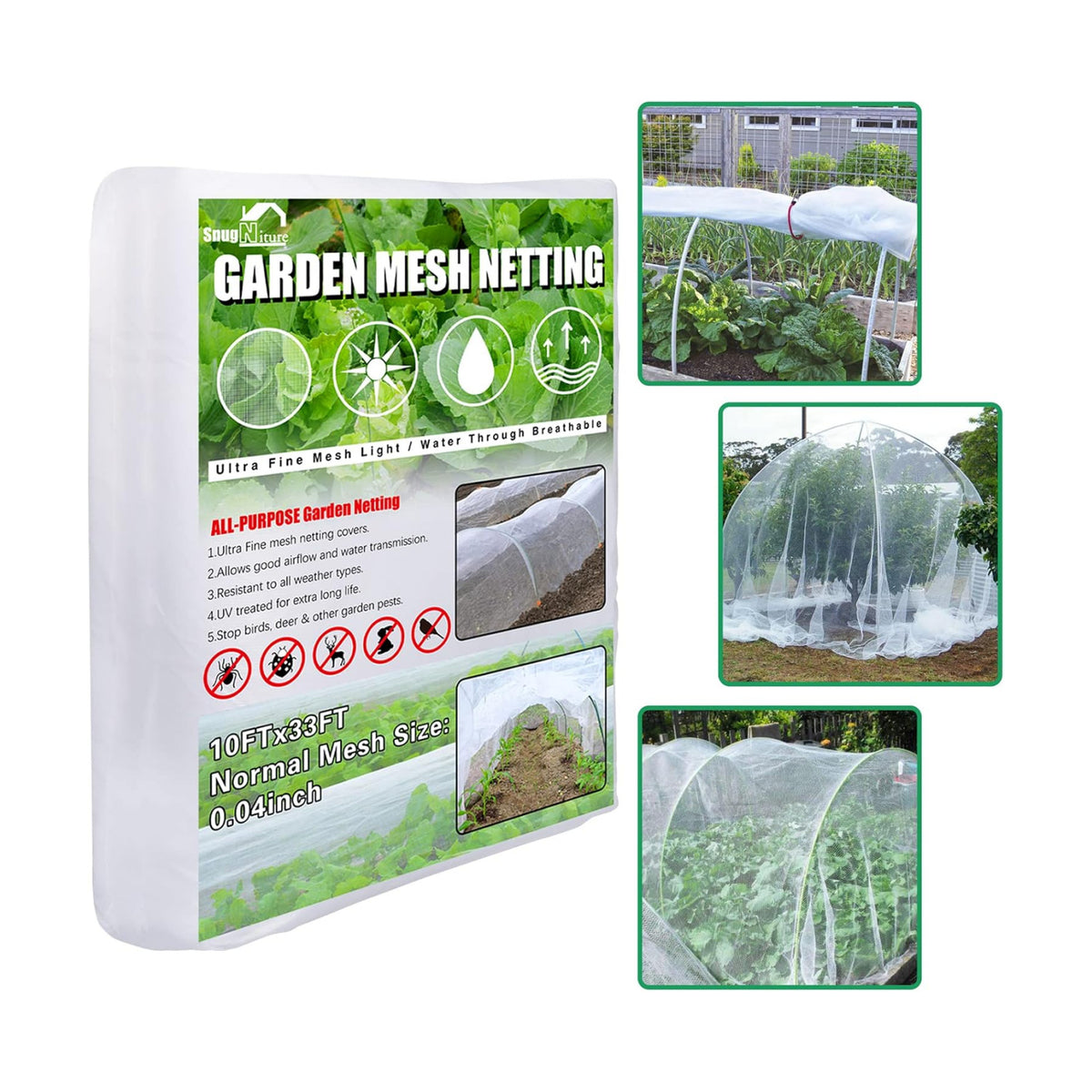 SnugNiture Garden Netting 10x33FT Ultra Fine Mesh Mosquito Net Plant Covers, White Bird Netting Barrier Greenhouse Row Cover Protect Fruits Flower Vegetables from Birds Deer & Squirrels