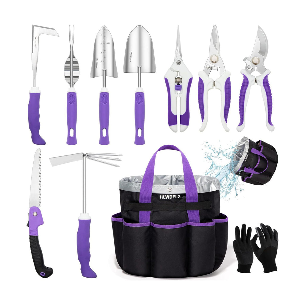 Purple Garden Tool Set Gardening Items for Women - 11PCS Heavy Duty Garden Tools with Detachable Storage Bag, Weeder