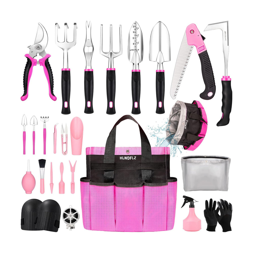 Pink Garden Tool Set Gardening Items for Women - 24PCS Heavy Duty Garden Tools with Detachable Storage Bag, Succulent