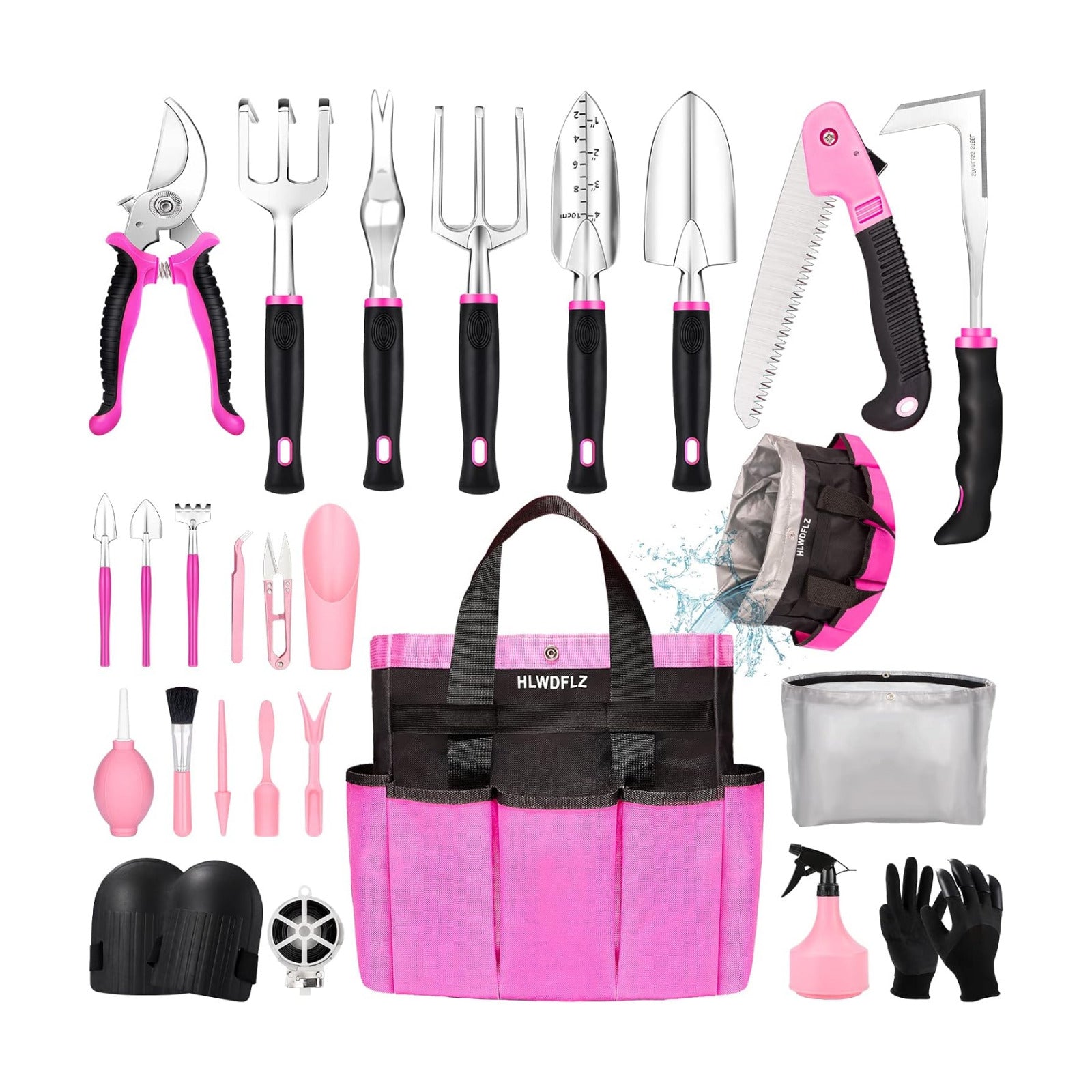 Pink Garden Tool Set Gardening Items for Women - 24PCS Heavy Duty Garden Tools with Detachable Storage Bag, Succulent
