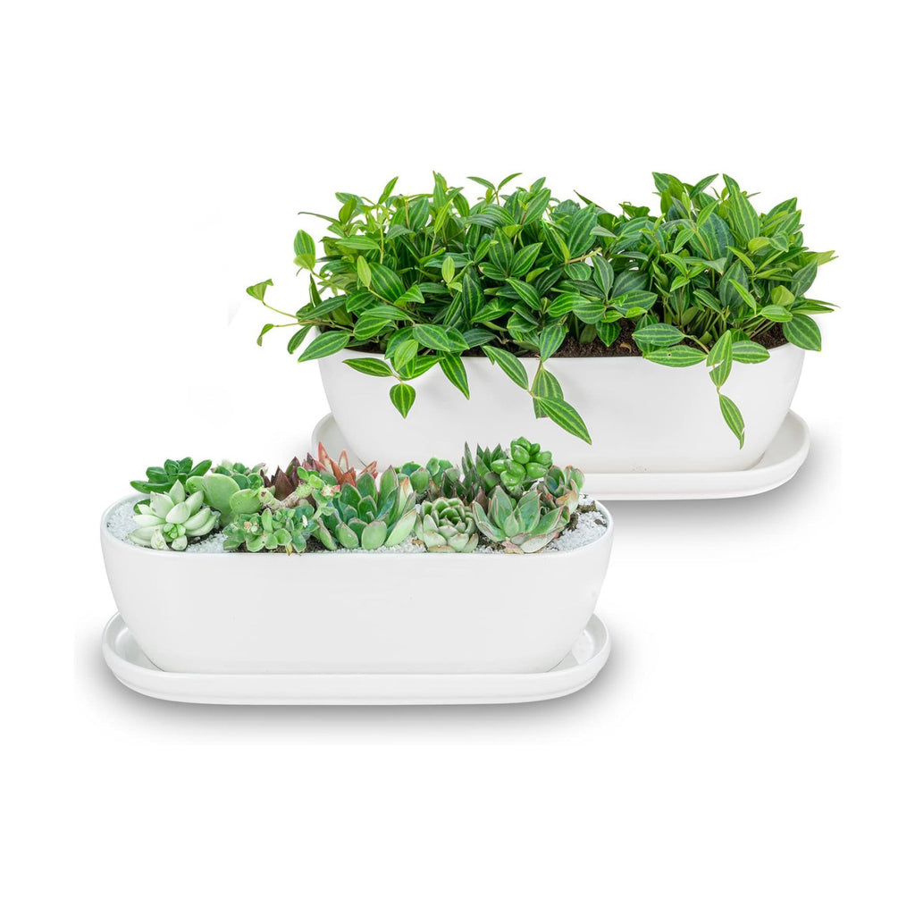 E-liu 11+14 inch Ceramic Plant Pots with Drainage Holes Saucers, Set of 2 | Rectangular Planters Indoor Flower
