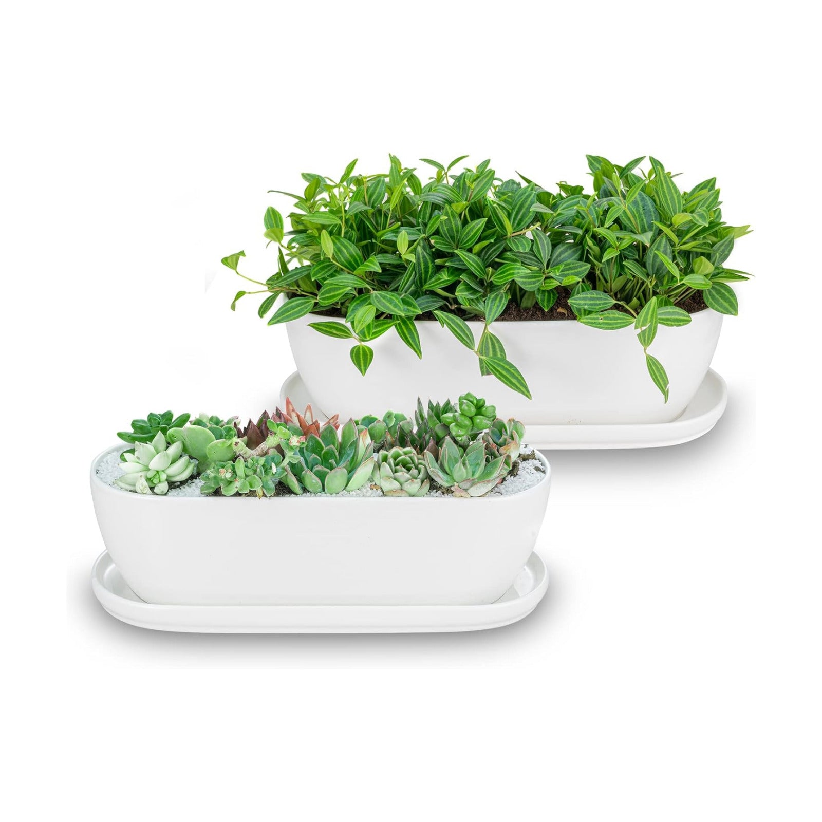 E-liu 11+14 inch Ceramic Plant Pots with Drainage Holes Saucers, Set of 2 | Rectangular Planters Indoor Flower
