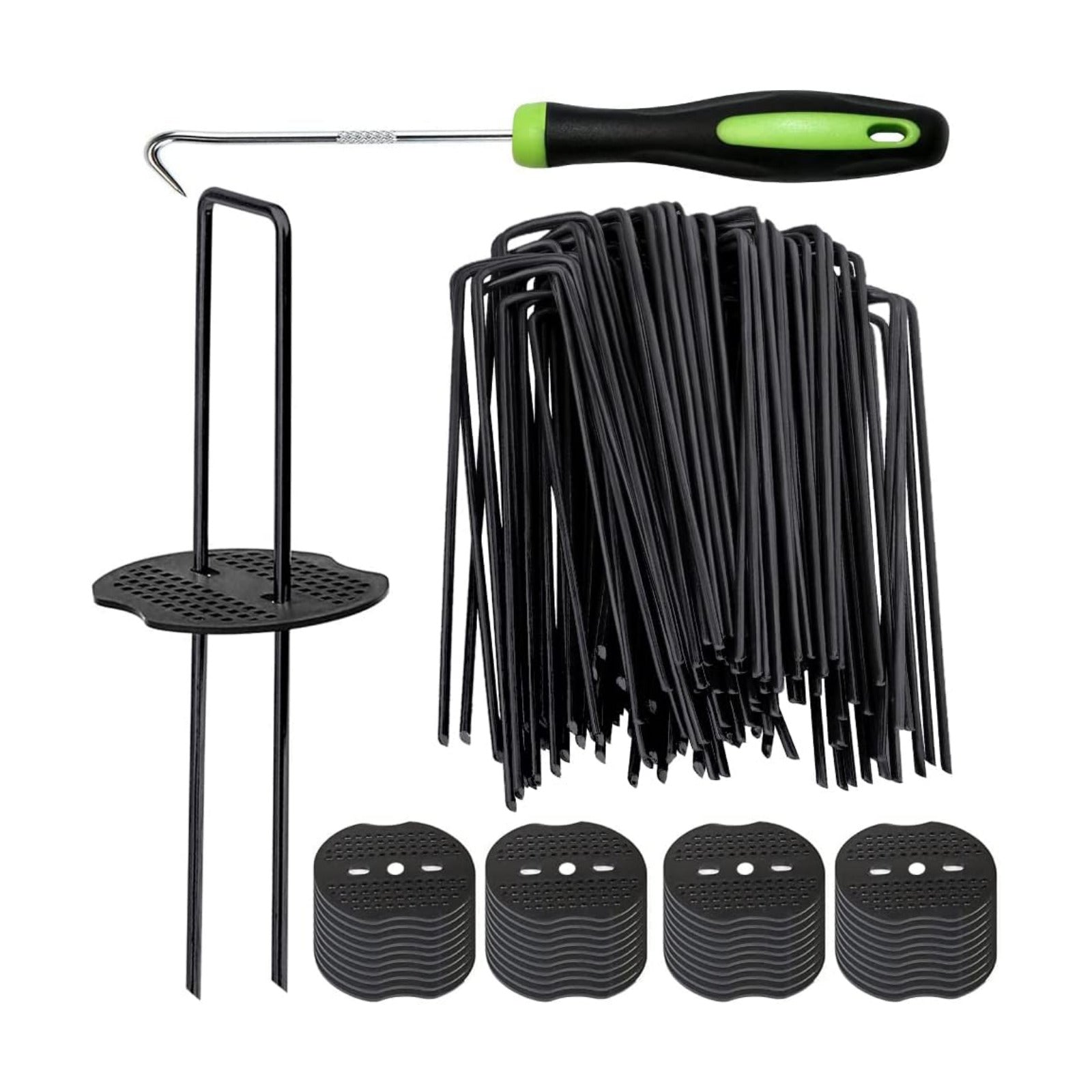 Bakulyor 100pcs Black Landscape Staples + 100pcs Buffer Washer, 6 Inch 11 Gauge Garden Stakes Staples, U Shaped