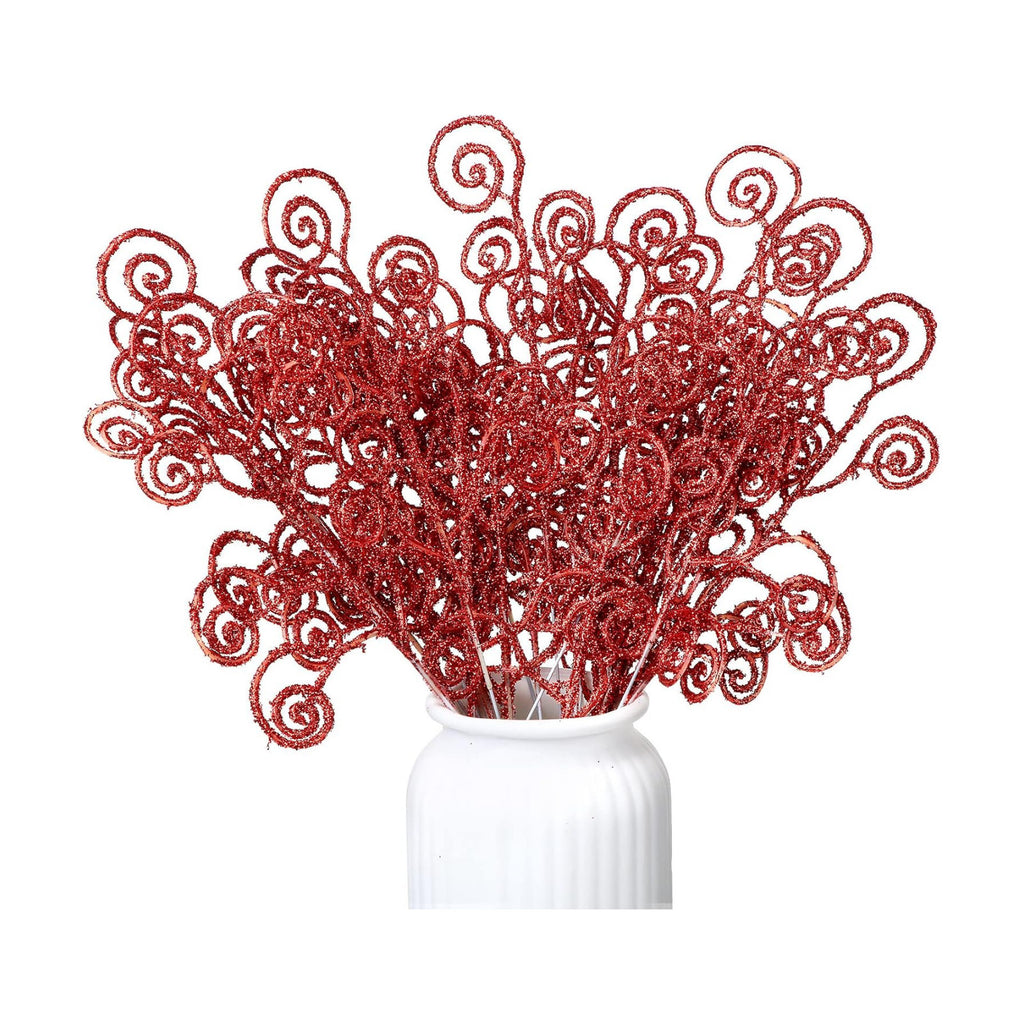 Ysleen 50 Pcs Glitter Tree Picks and Sprays Twigs Branches, Red