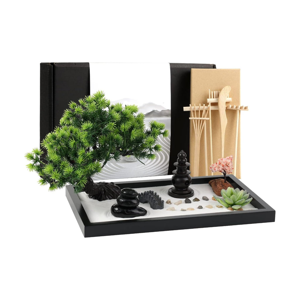 Zen Garden Kit for Desk Decor - Premium Beautiful Japanese Mini Sand Box Set Home, Office with Black Wooden Tray, White