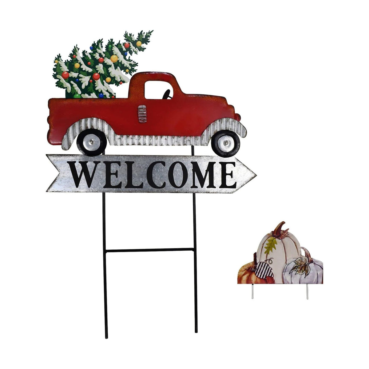Morning View Red Pickup Truck Yard Stakes Welcome Sign Metal Garden Stake Interchangeable Christmas Tree Fall Pumpkin Outdoor Seasonal Yard Art for Lawn Xmas Winter Autumn Holiday 24 Inches