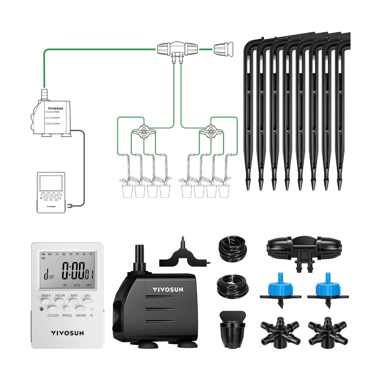 VIVOSUN Professional Automatic Drip Irrigation Kits, 15W Output, All in One Professional Grow Kit- Includes Pump, Timer