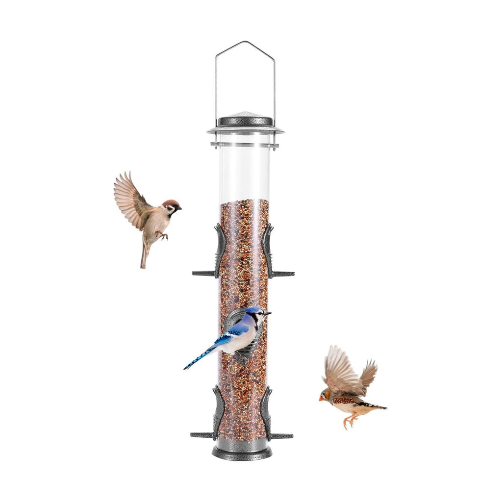 MIXXIDEA 1PK Metal Bird Feeders with 6 Feeding Ports,Tube Bird Feeder with Steel Hanger,Hard Plastic Wild Bird Feeder for Outdoors Hanging, Attracting Birds in Your Lawn, Garden, Balcony-Grey