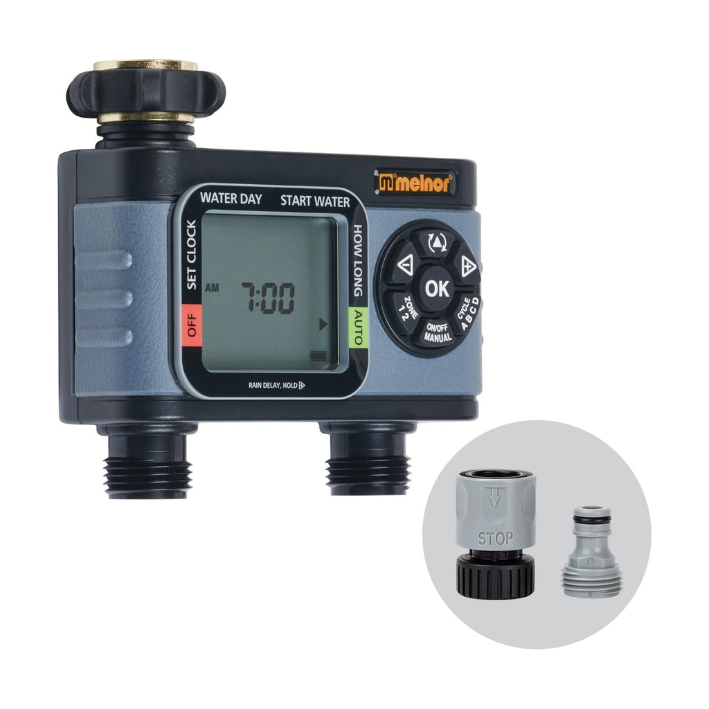 Melnor 65166AMZ HydroLogic Digital Hose Timer, 2-Zone Programmable Watering Timer, Quick Connect Bundle, Black, Grey