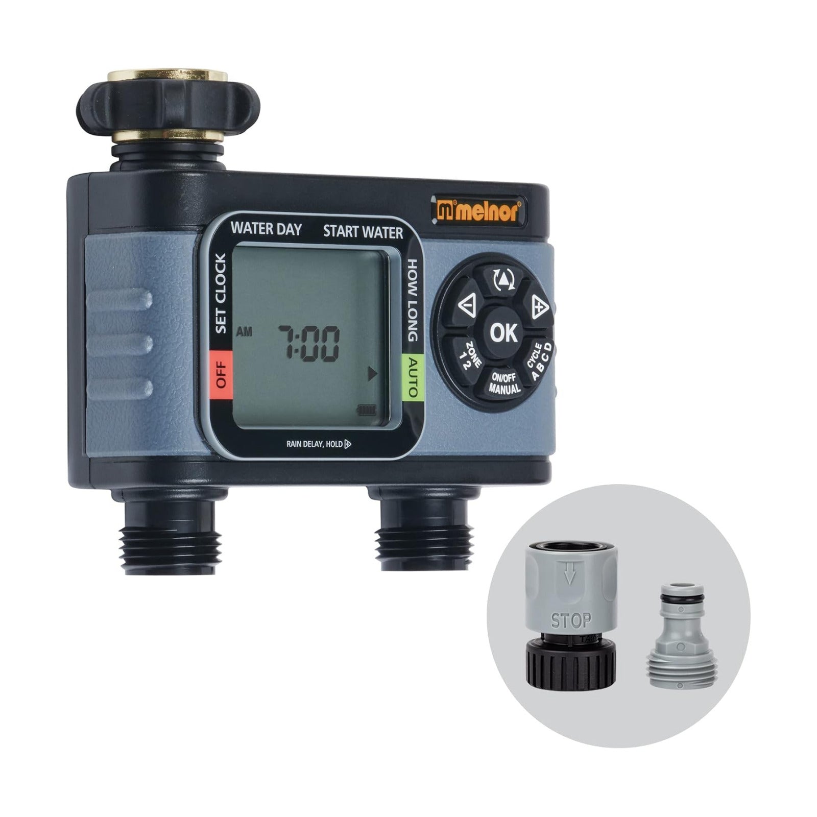 Melnor 65166AMZ HydroLogic Digital Hose Timer, 2-Zone Programmable Watering Timer, Quick Connect Bundle, Black, Grey