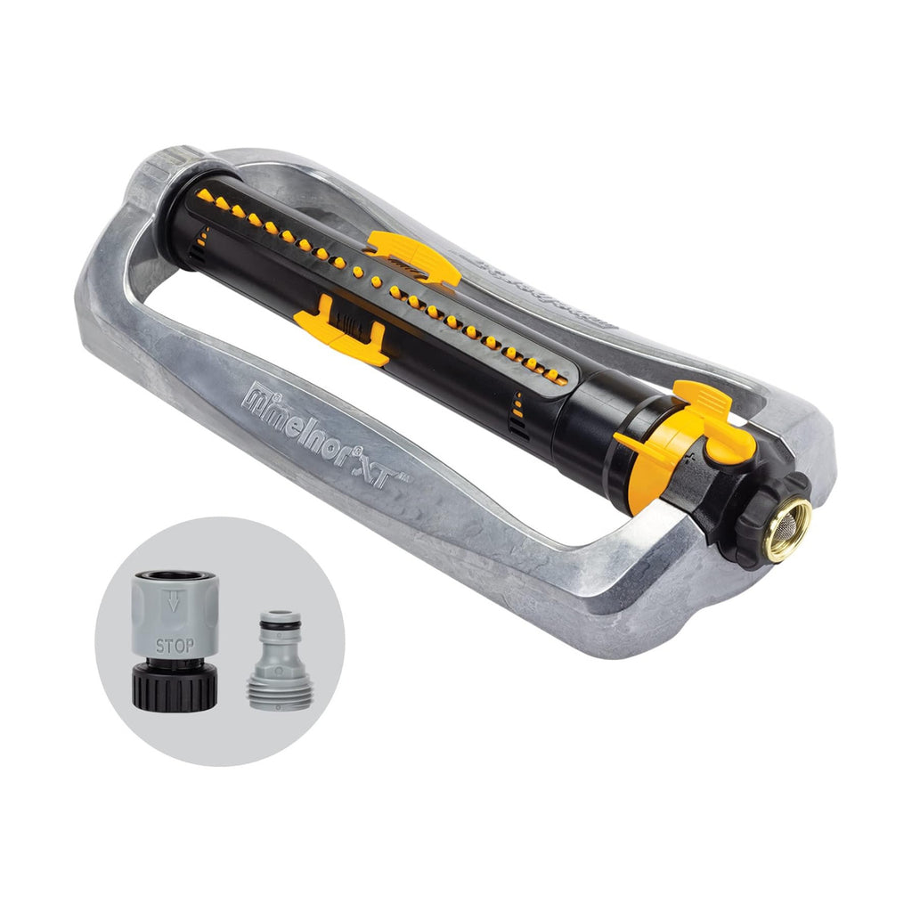 Melnor Metal Oscillating Sprinkler 4500 Sq Ft: Flow, Width, Range Adjust