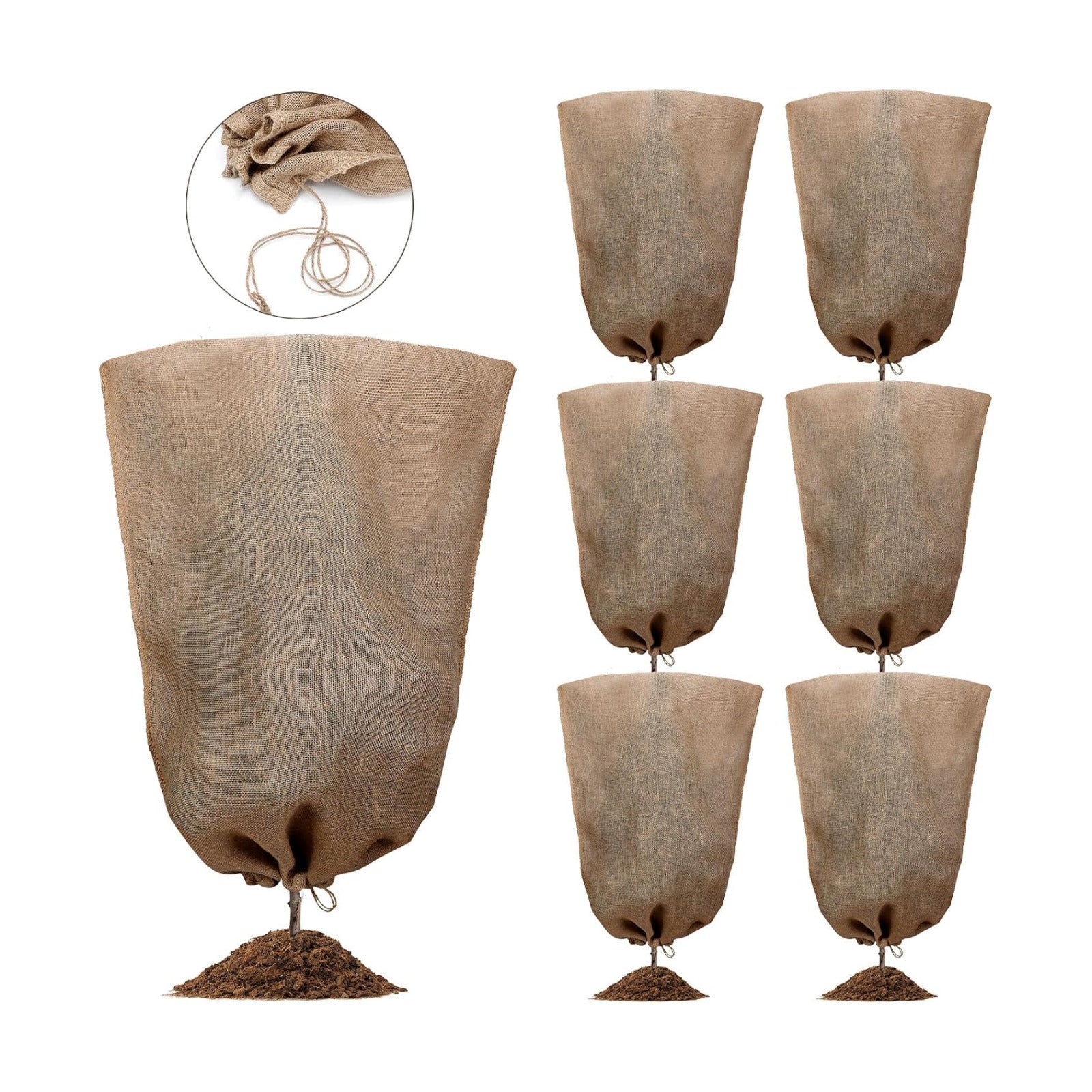 Woanger 6 Pcs 40" x 24" Reusable Winter Burlap Plant Covers Bags Warm with Drawstring Large Sack Plant Blanket Burlap