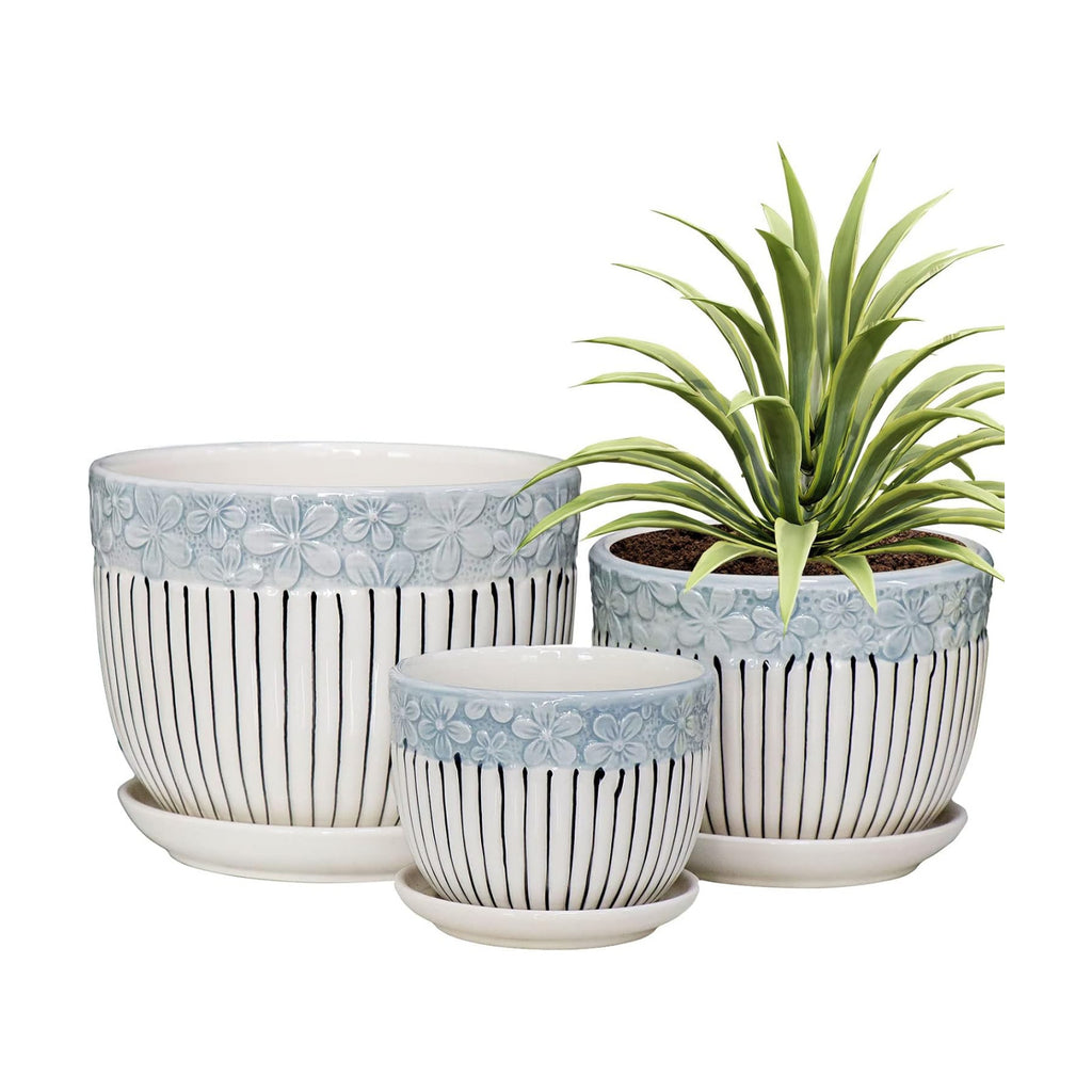 Gray Flower Pots, Texture Ceramic Plant Pots for Indoor Plants Set of 3 | Planters with Saucer | Cute Garden Pots