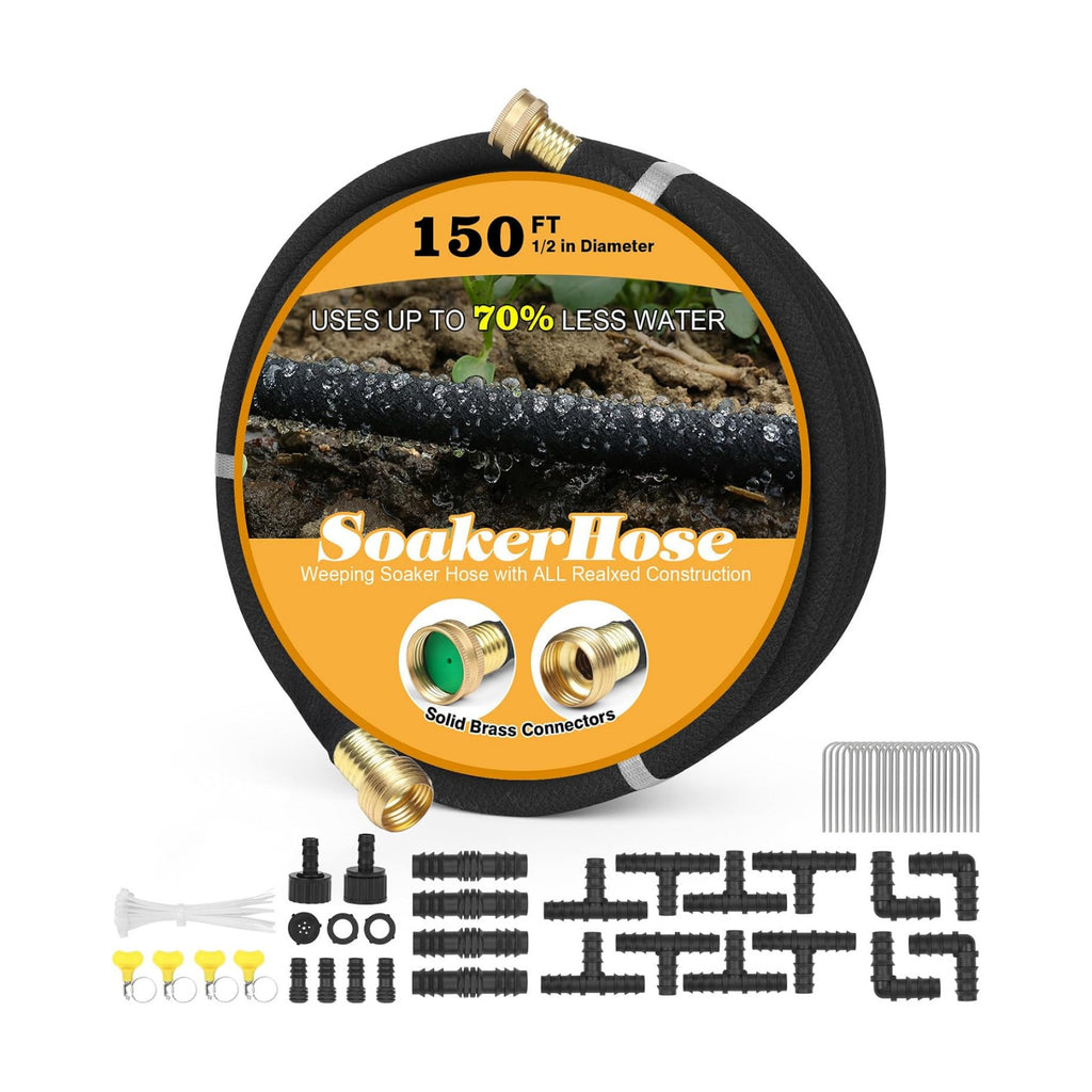 Soaker Hose 150ft for Garden Beds Solid Brass Interface Irrigation Save 70% Water Heavy Duty Rubber 1/2" Diameter Great
