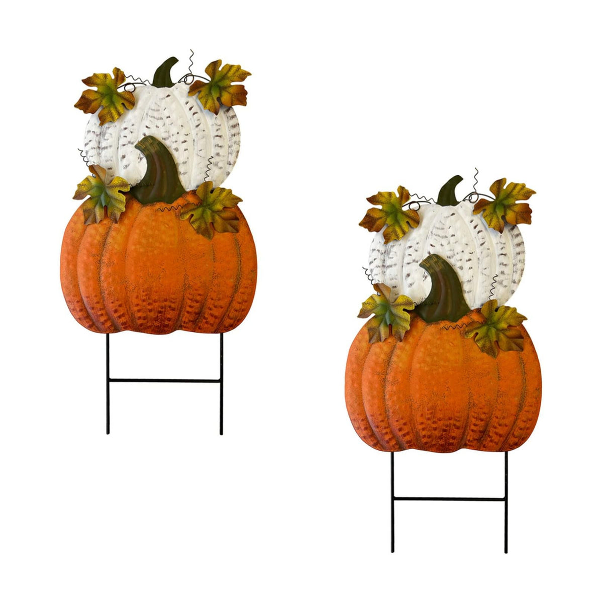 Set of 2 Rustic Metal Stacked Pumpkin Garden Stake Indoor Outdoor Welcome Decoration Hanging Metal Double Pumpkins Yard Signs for Fall Harvest Decor Thanksgiving Halloween Lawn Decoration