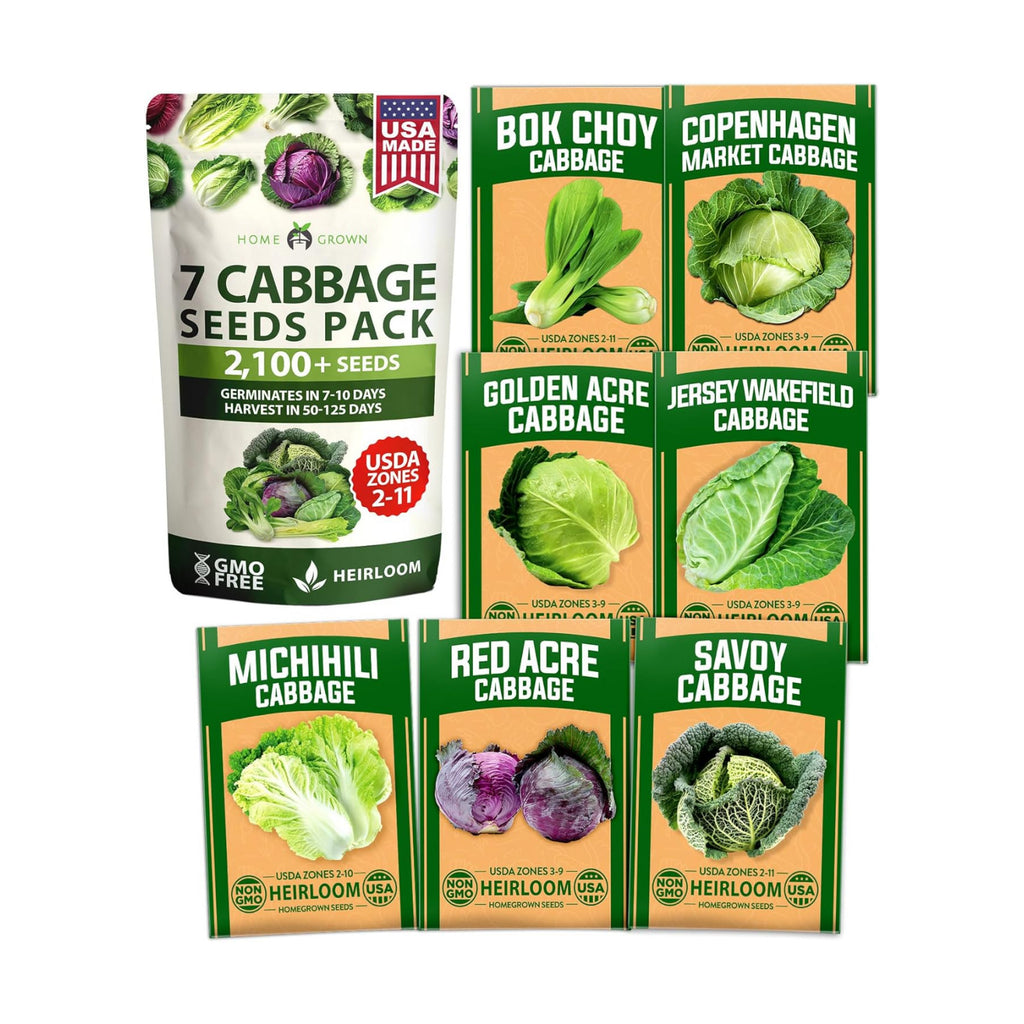 HOME GROWN Cabbage Seeds 7 Variety Mix 2000+ Heirloom Non-GMO, High Germination, Bok Choy, Red & Green Acre, Savoy, Napa Michihili, Copenhagen Market, Jersey Wakefield, Cold Hardy