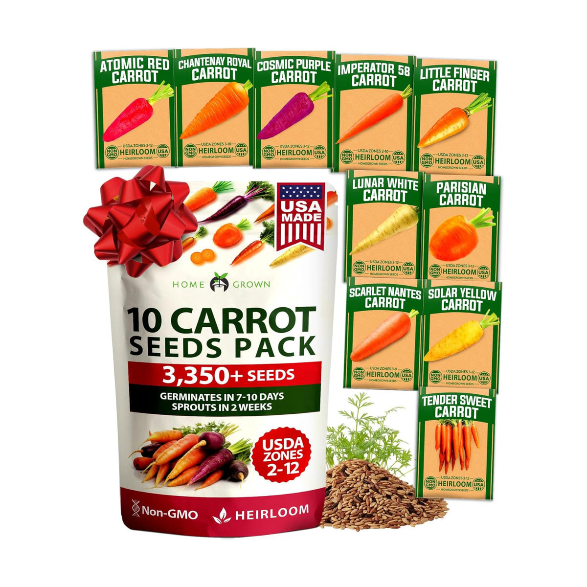 HOME GROWN Rainbow Carrot Seeds 10 Variety Mix 3350+ Heirloom Non-GMO Seeds for Planting, High Germination, Multi-Color Gourmet Root Vegetables, Kids Garden, Crunchy Fresh Eating (Daucus carota)