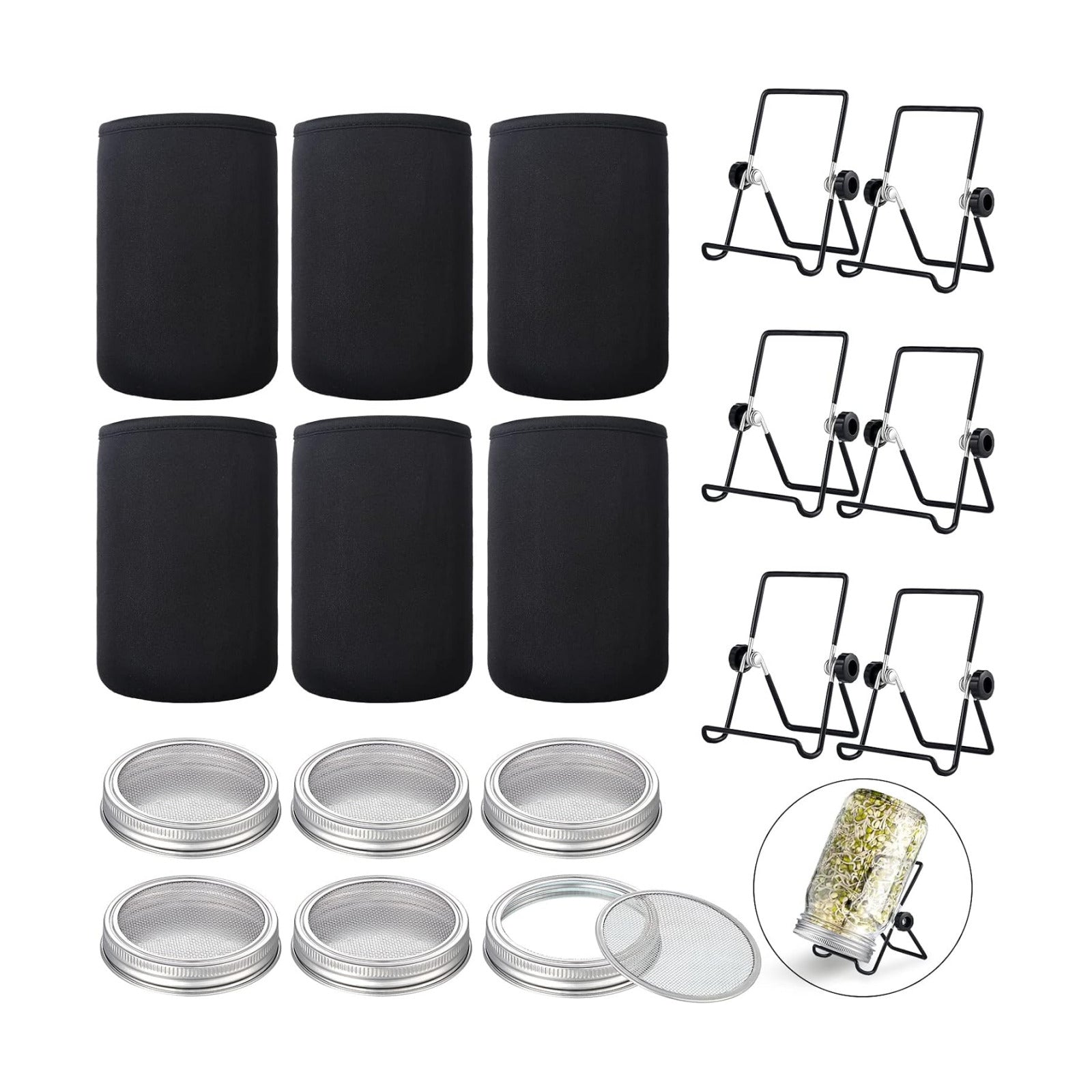 6 Pack Sprouting Lids with Stainless Steel Jar Stands, Blackout Sleeves, Kit for Wide Mouth Mason Jars, Organic Sprouts