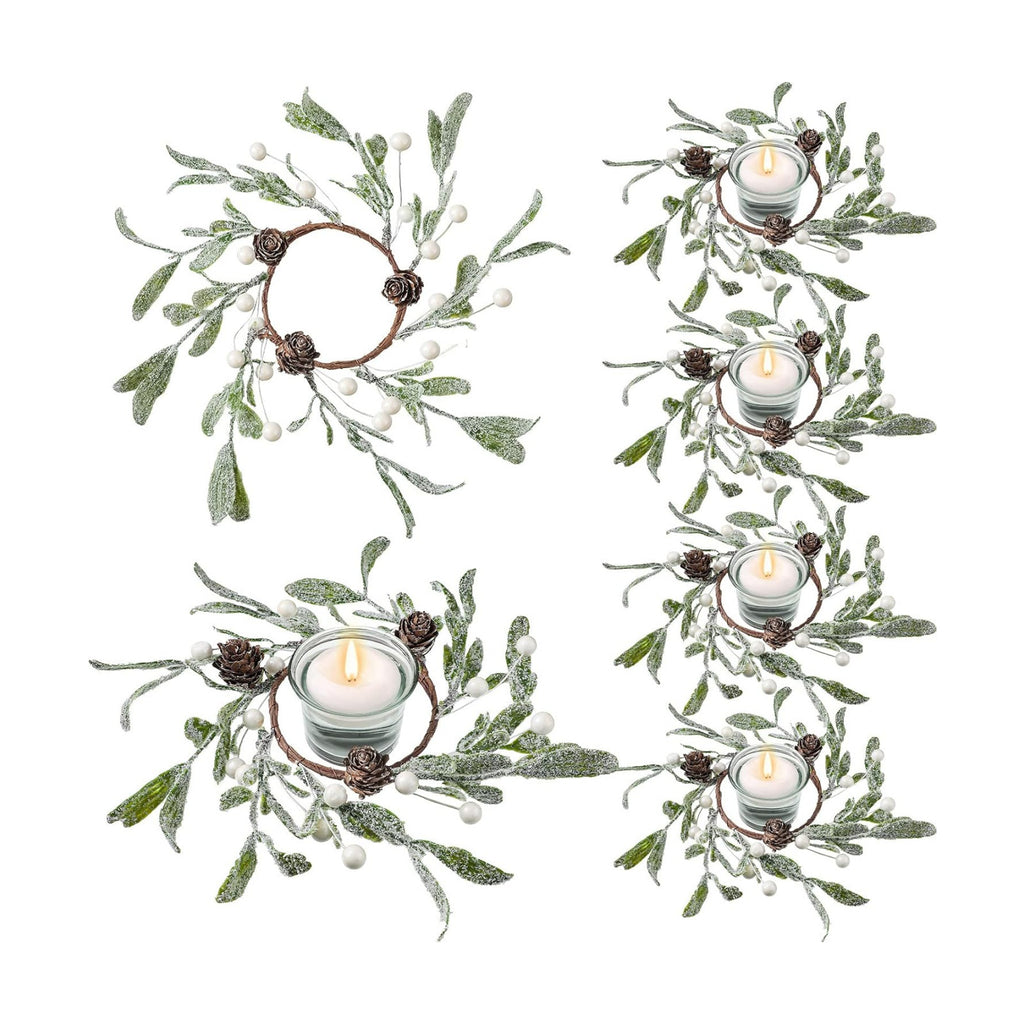 Geosar 6 Pack Christmas Candle Rings Frosted Mistletoe Pearl Wreaths