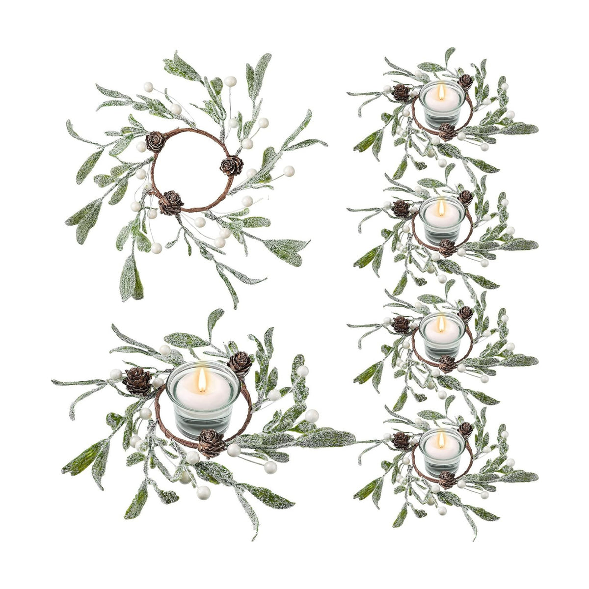 Geosar 6 Pack Christmas Candle Rings Frosted Mistletoe Pearl Wreaths