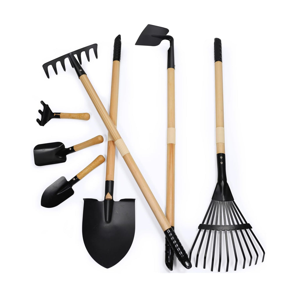 7PCS Kids Gardening Tools, Long Shovel, Rake for Leaves, Spade, Hoe, Steel Heads & Real Wood Handle, Yard Tools for