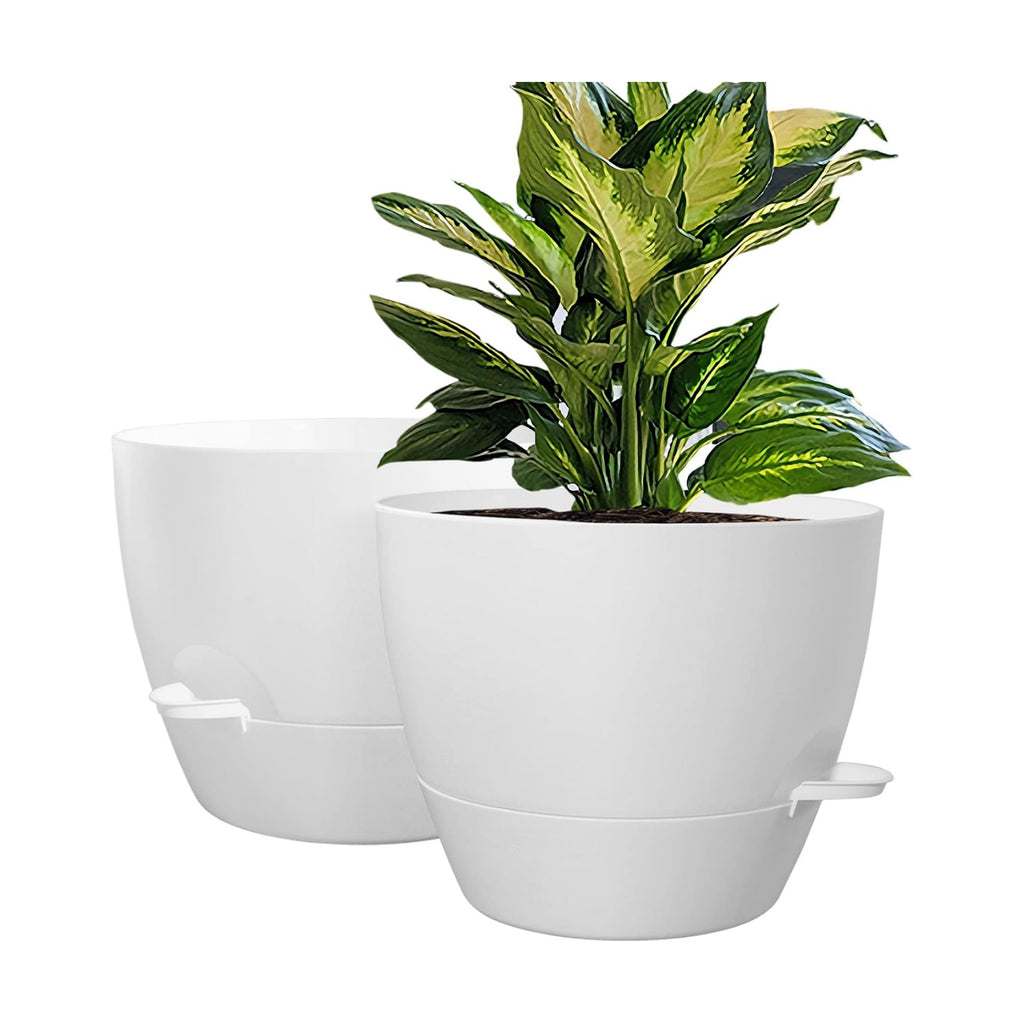 WOUSIWER 10 inch Self Watering Planters, 2 Pack Large Plastic Plant Pots with Deep Reservior and High Drainage Holes