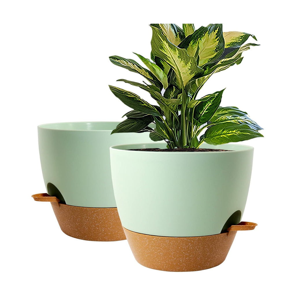 WOUSIWER 10 inch Self Watering Planters, 2 Pack Large Plastic Plant Pots with Deep Reservior and High Drainage Holes