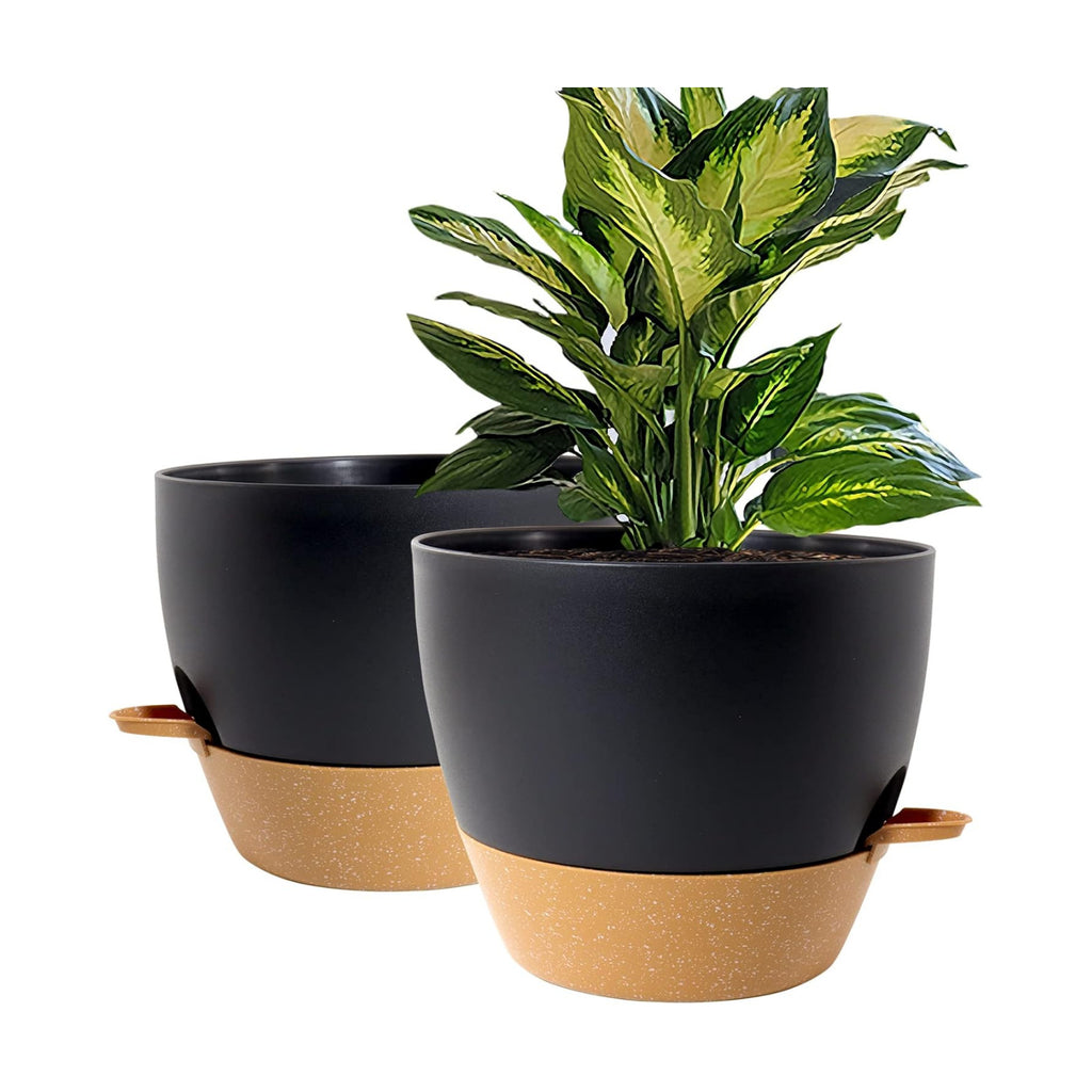 WOUSIWER 10 inch Self Watering Planters, 2 Pack Large Plastic Plant Pots with Deep Reservior and High Drainage Holes