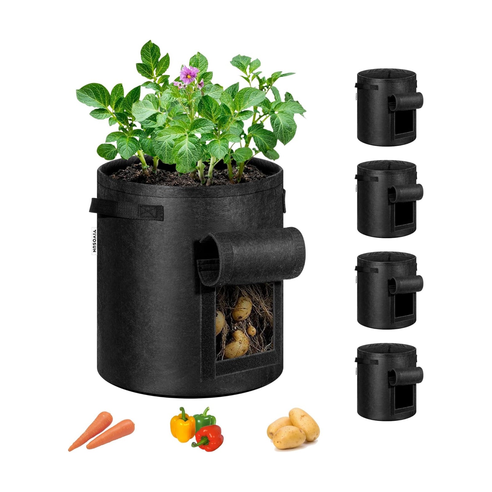 VIVOSUN 5-Pack 7 Gallon Potato Grow Bags, Roll-up Harvest Window | Easy Potato Harvesting, 300G Thick Nonwoven Fabric