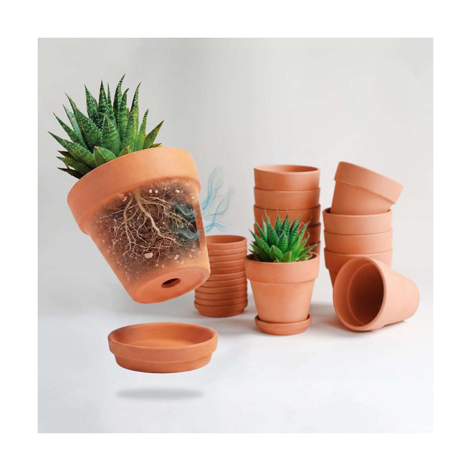 HERDUK Terracotta Starter Pots with Saucers – 4 Inch Clay Planting System for Healthy Roots, Reliable Drainage & Indoor