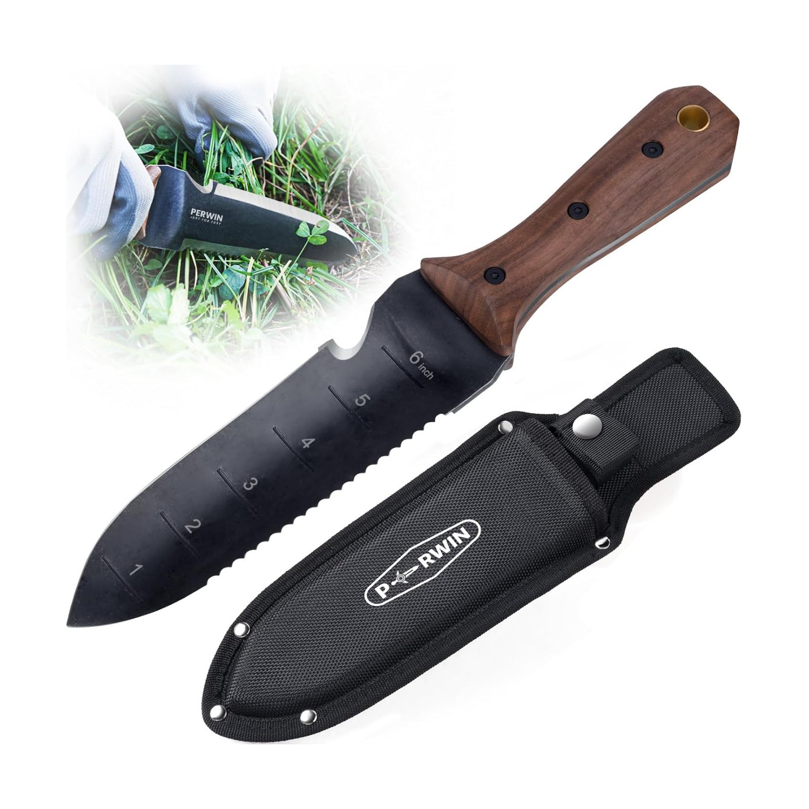PERWIN Hori Hori Garden Knife, Garden Tools with Sheath for Weeding, Planting, Digging, 7" Stainless Steel Blade with