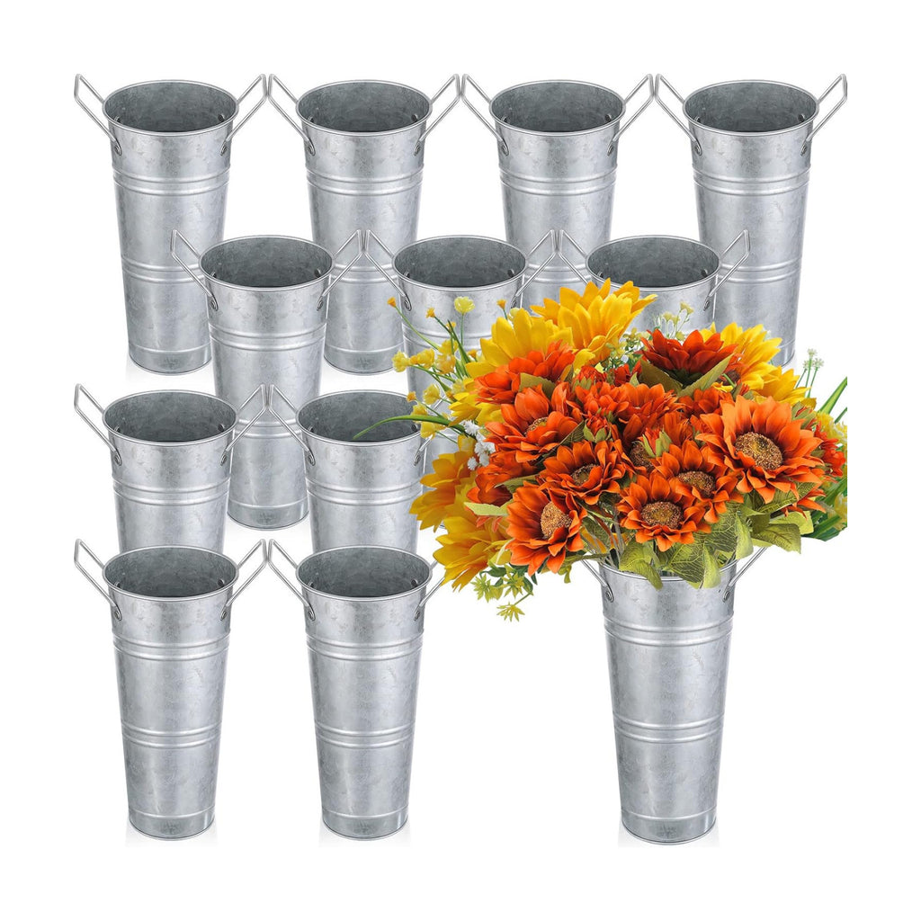 Chumia 12 Pcs 9" Galvanized Flower Buckets Rustic Metal Vases, Matte Silver