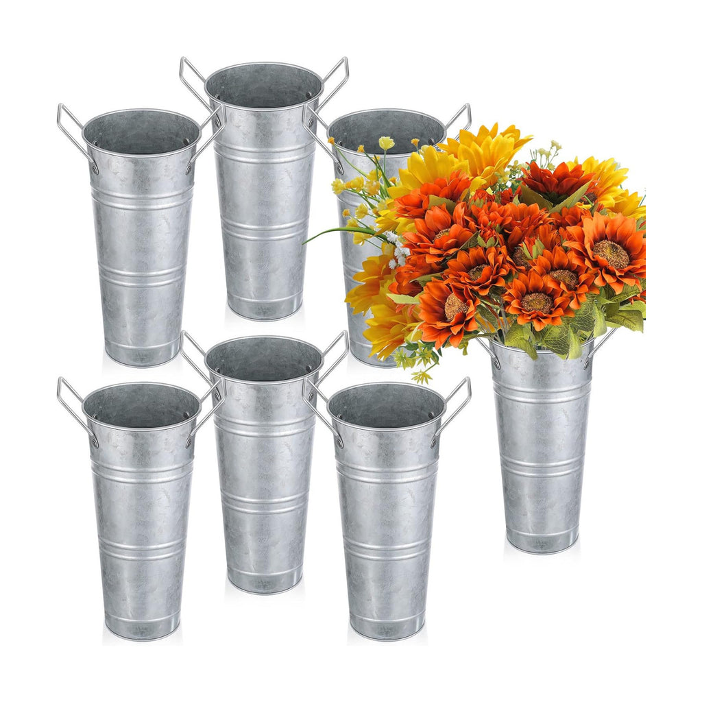 Chumia 6 Pcs Galvanized Metal Flower Buckets with Handles, Silver, 9 Inch