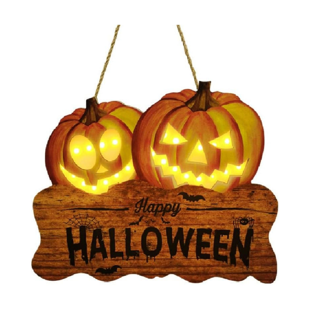 Light Up Happy Halloween Door Sign, 2 Jack O Lanterns, 12 Inch