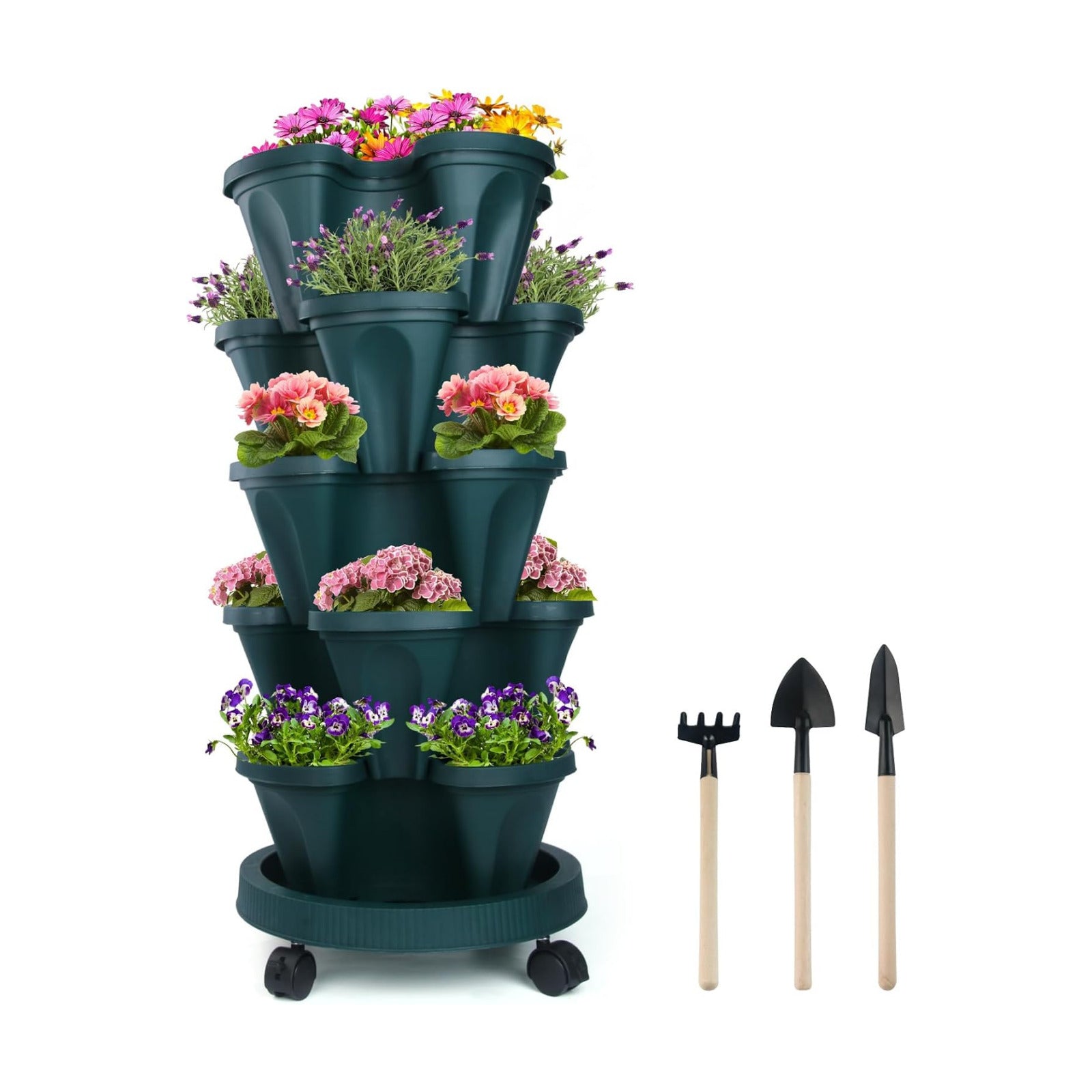 DUNCHATY Stackable Vertical Garden Planter with Wheels, 5 Tier Herb Planter Pots for Growing Vegetables and Succulents