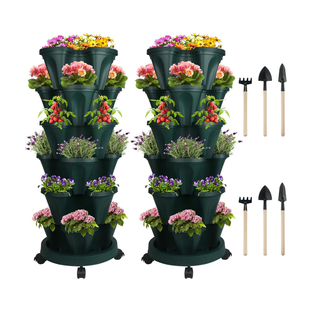 DUNCHATY Stackable Planter, Vertical Strawberry Planter with Garen Tool Set, Self Watering Garden Planter