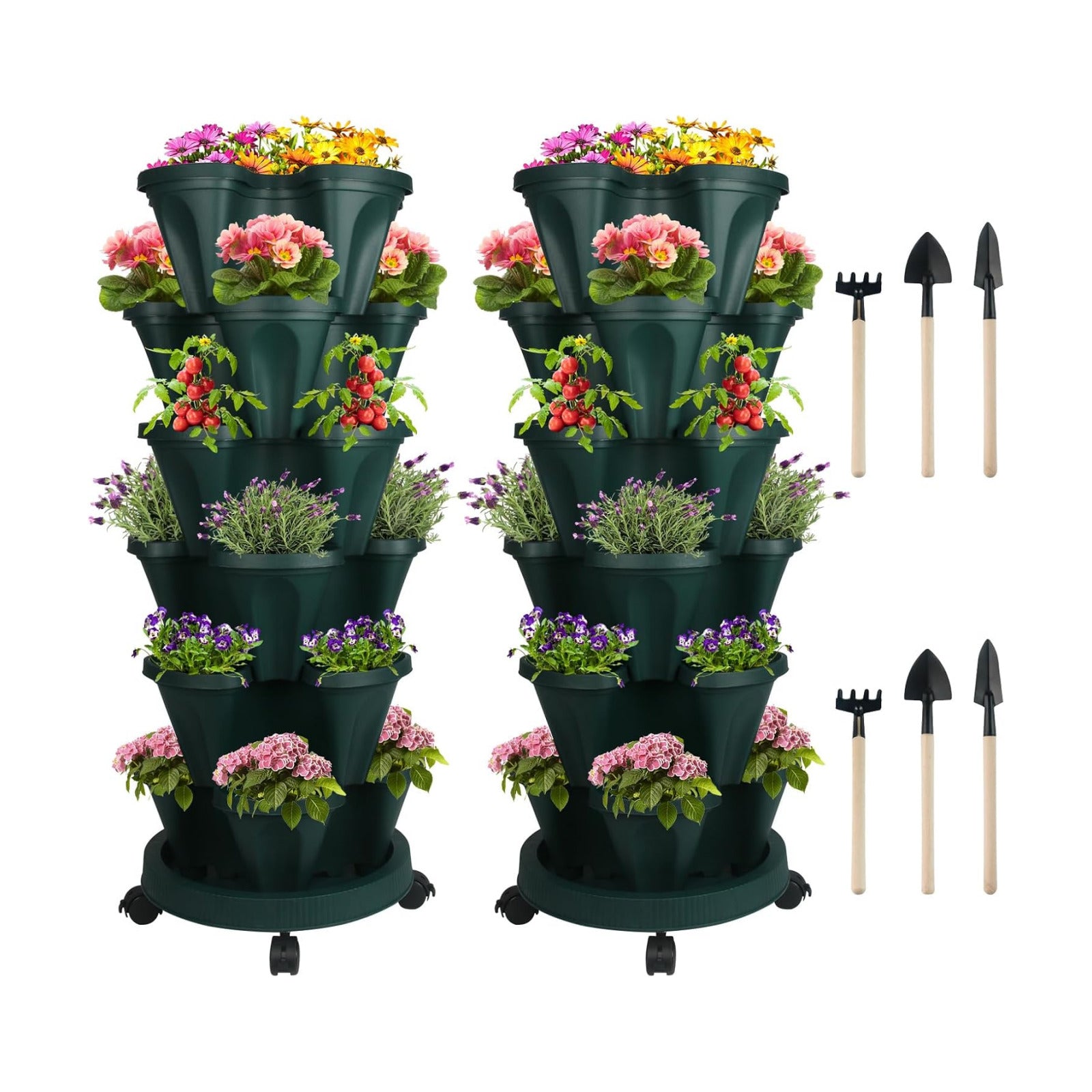 DUNCHATY Stackable Planter, Vertical Strawberry Planter with Garen Tool Set, Self Watering Garden Planter