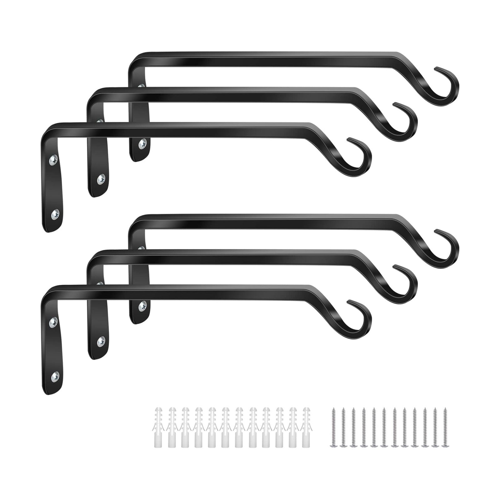 Worth Garden 6-Pack 10" Plant Hanger Bracket - Forged Wrought Iron Powder-Coated Heavy Duty Wall Hook - Black Plant