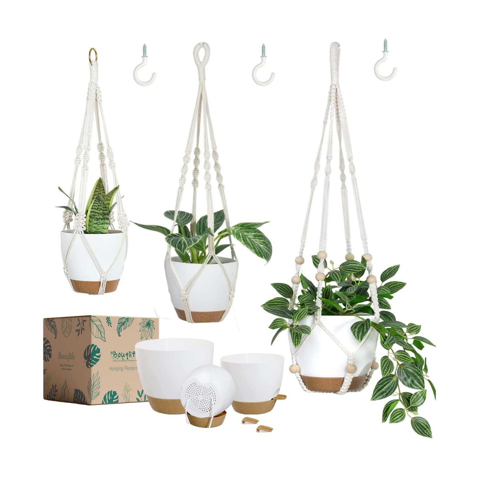 Bouqlife 3 Set Self Watering Hanging Planters for Indoor Plants | 7/6/5.5 Inch Pots with Macrame Plant Hangers
