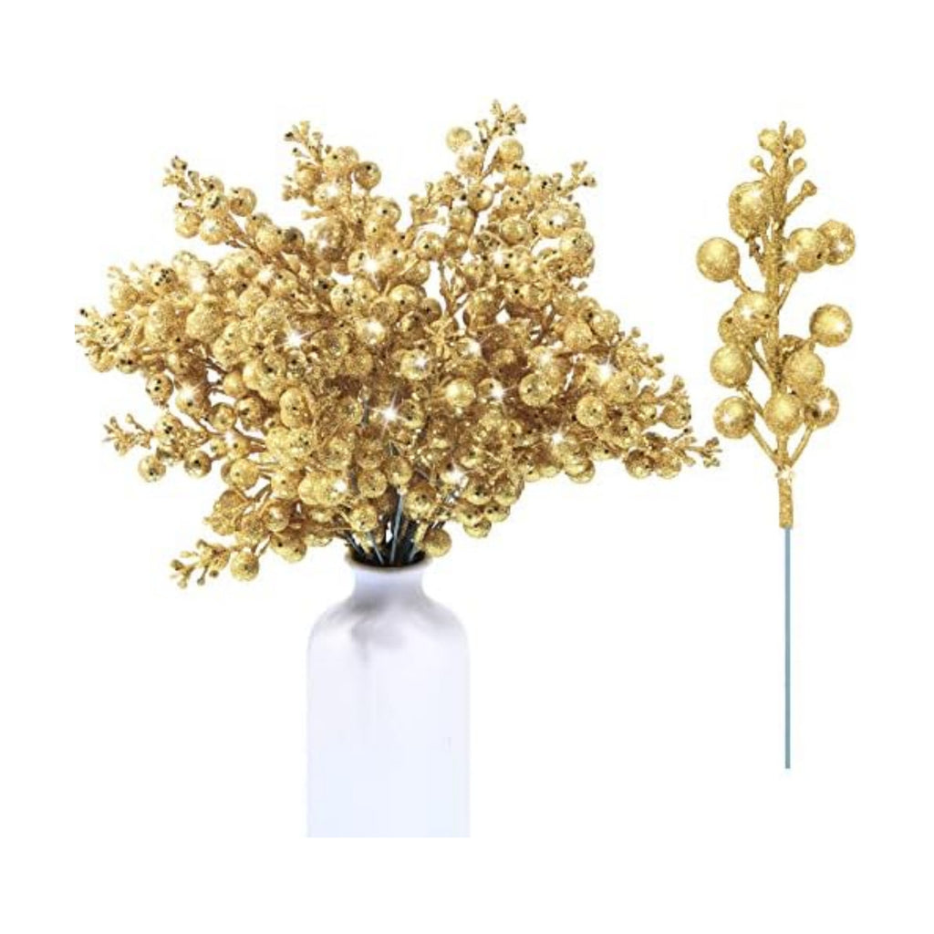 Geosar 36 Pcs Christmas Glittered Berries Stems, Gold